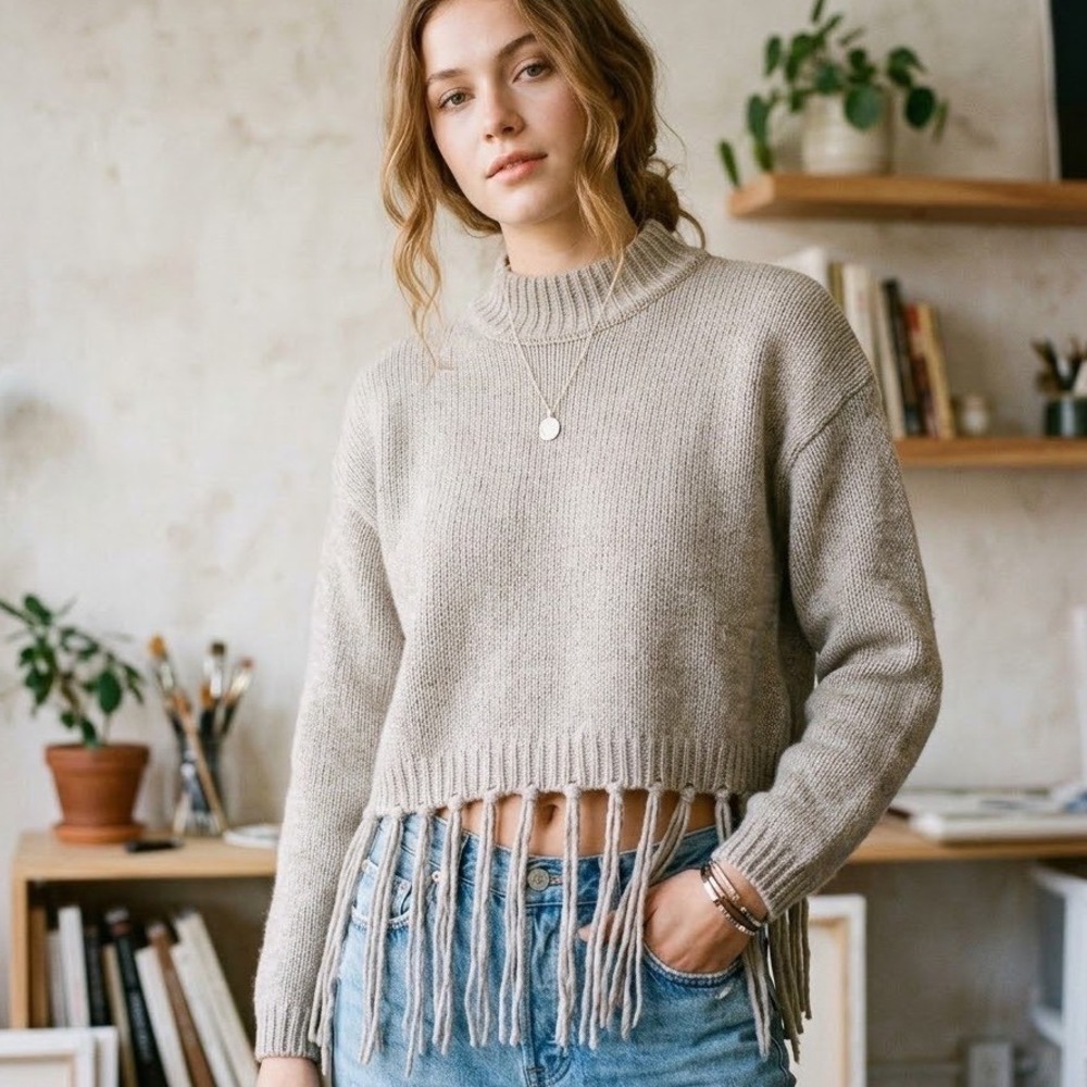 Splendid Riley Fringe Wool-blend Sweater Womens XS Tan Western Boho RW3S220
